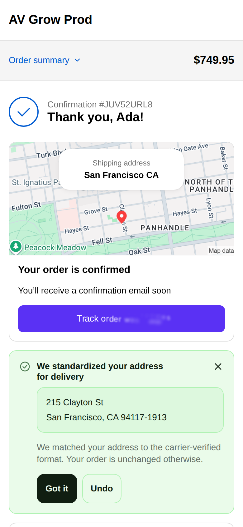 Address Verifier's standardization message after a successful correction response on a mobile demo-store Thank-you page. The corrected address is shown and Undo is available.