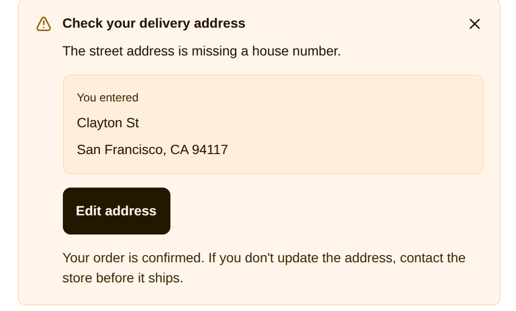 The Free plan's "Check your delivery address" card, flagging the problem with no suggested address to apply