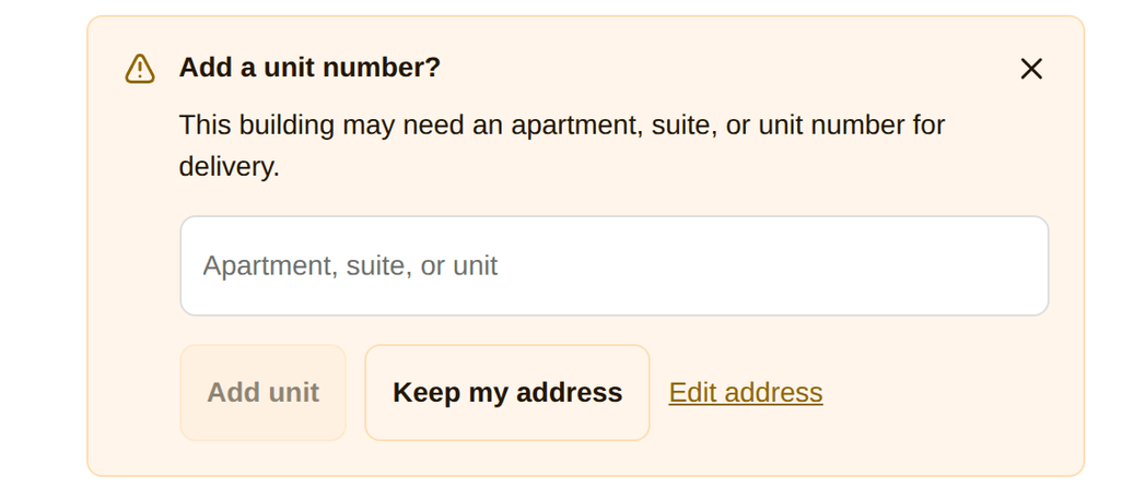The "Add a unit number?" card on the thank-you page, with a single apartment or unit field