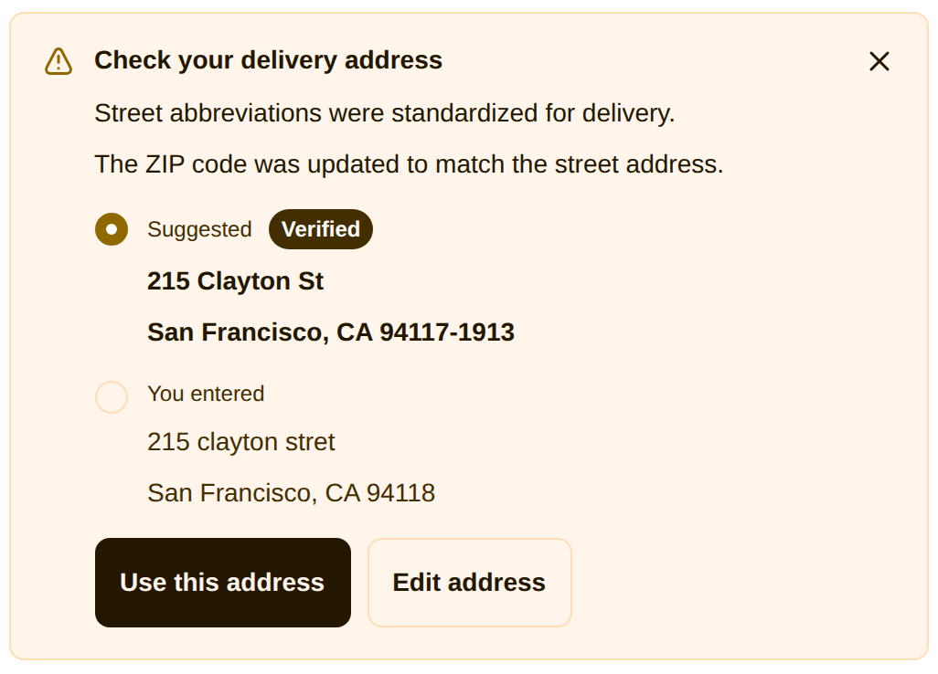 The thank-you page suggestion card, showing the verified suggestion above the entered address