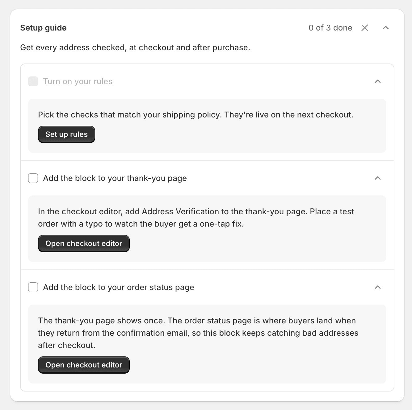 The setup guide on the Address Verifier home screen
