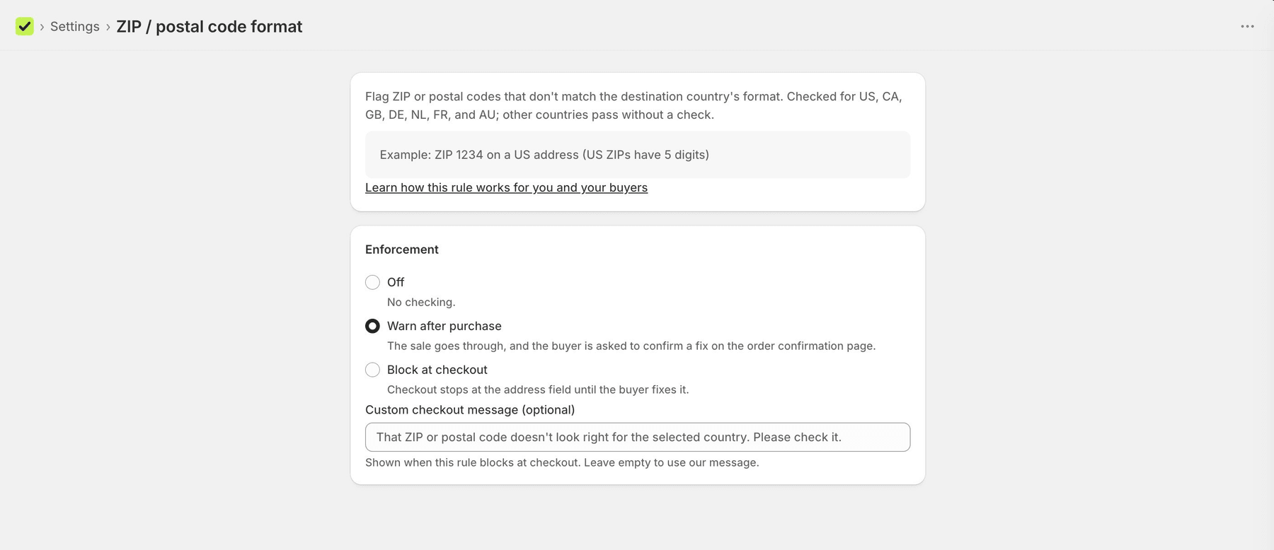 Rule severity settings in the Address Verifier admin